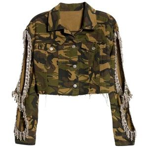 NWT Crystal Embellished Fringe Camo Print Jacket